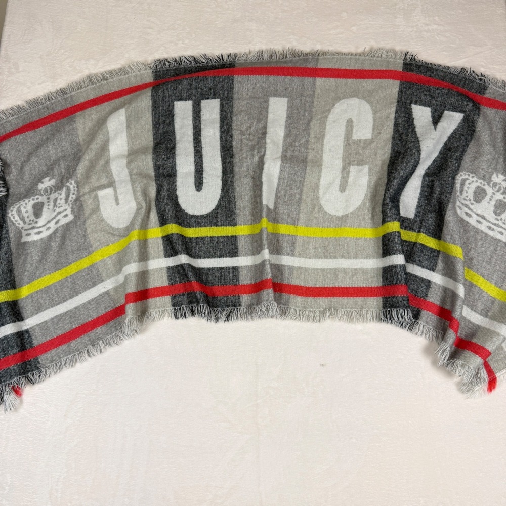 Juicy Couture Plaid Scarf‎ Crown Logo Fringe Gray Red Yellow One Size Y2K